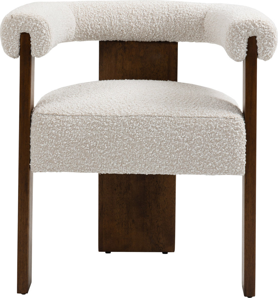 Barrel Boucle Fabric Upholstered Dining Chair, Cream, Walnut Finish