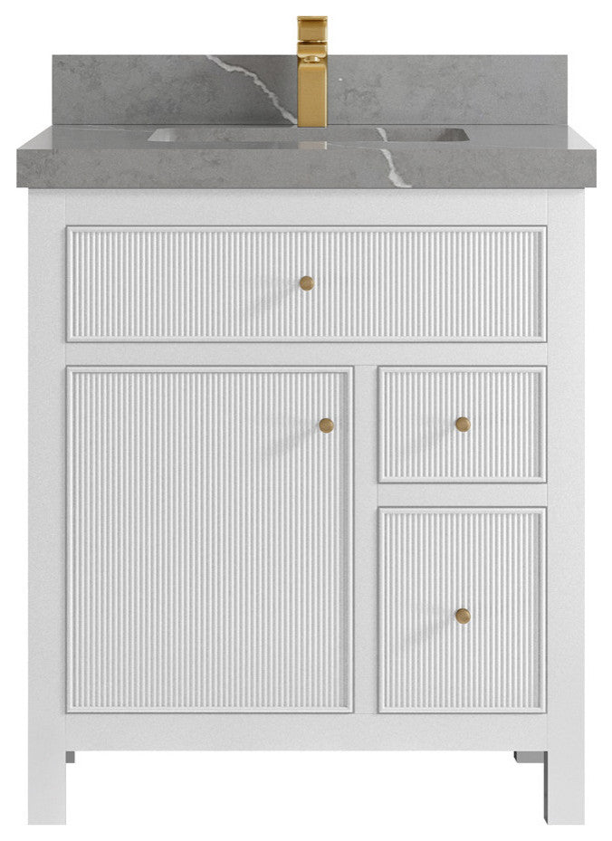 Sonoma 30 Single Sink Reeded Bath Vanity in White 2" Piatra Gray