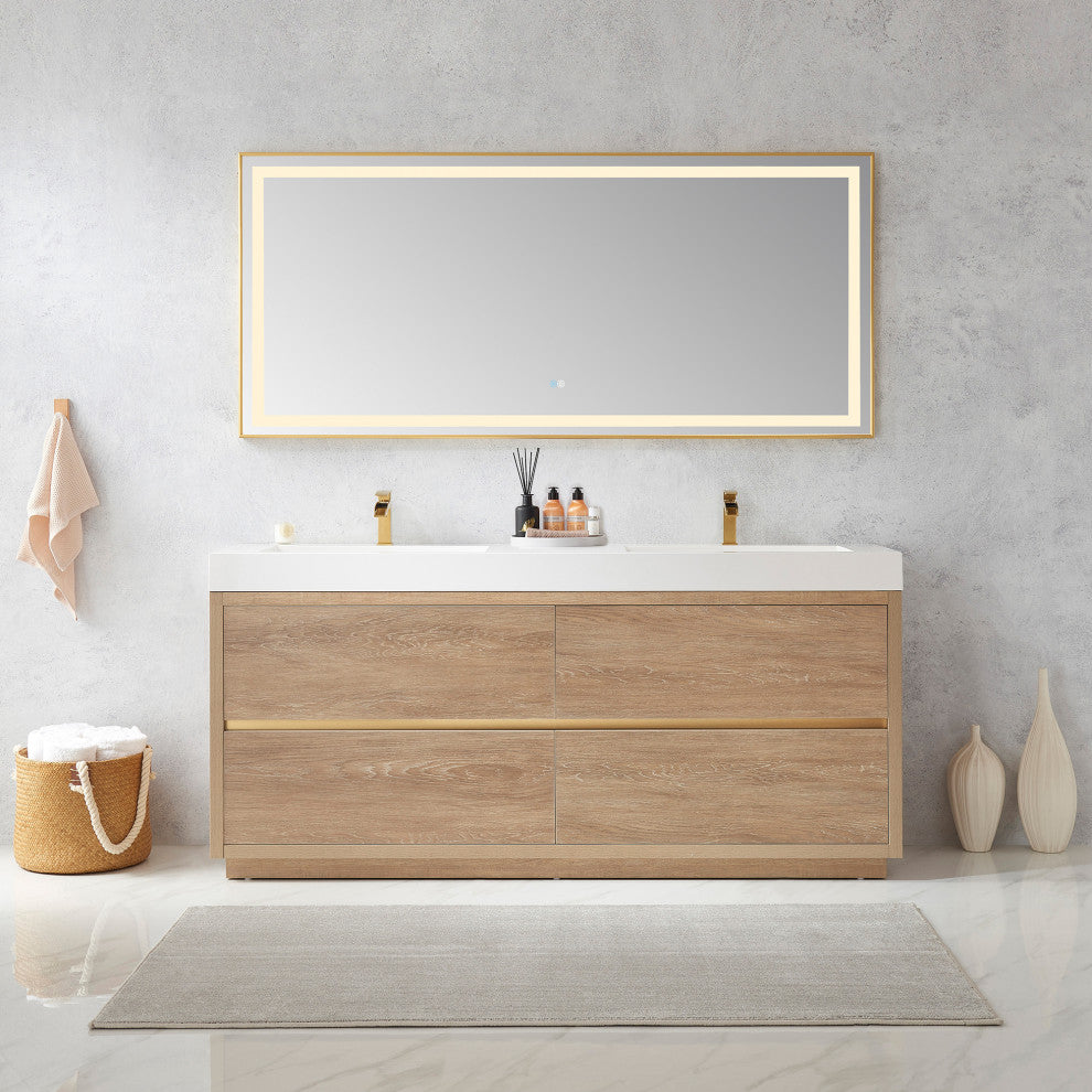 Huesca Bath Vanity, Integrated Sink Top, North American Oak, 72", With Mirror