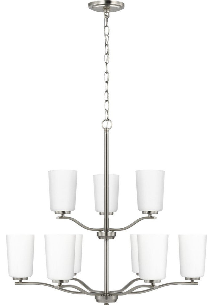 Adley Collection Nine-Light Brushed Nickel Etched White Opal Glass Chandelier