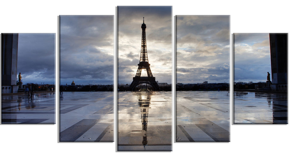 Reflection of Paris Eiffel TowerWith Clouds, White, Wall Art, 60"x32", 5 Panels