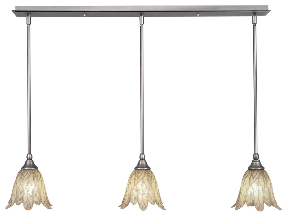 3 Light Mini Pendant In Brushed Nickel, 7" Vanilla Leaf Glass
