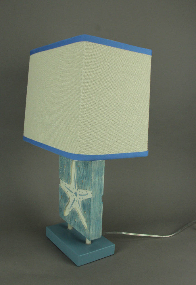 Blue and White Starfish Table Lamp With Linen Look Shade