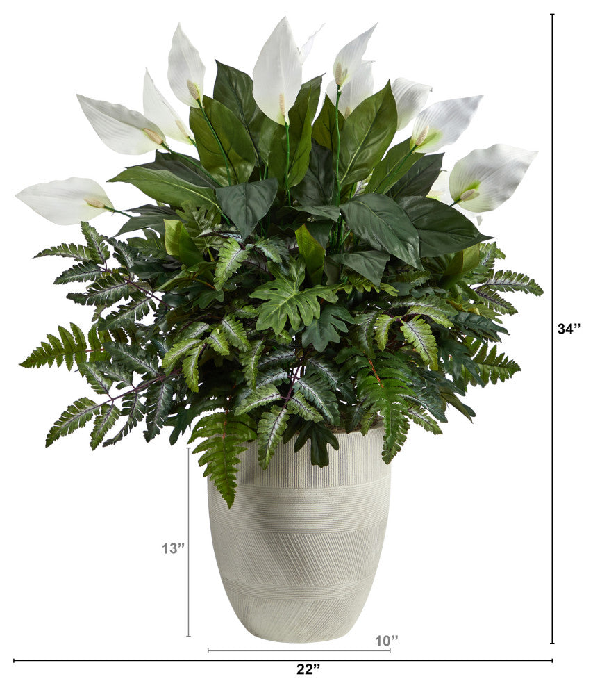 34" Mixed Spathiphyllum Artificial Plant, White Planter