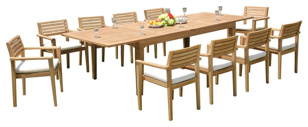 11-Piece Teak Dining Set, 122" Extn Rectangle Table, 10 Montana Stacking Chairs