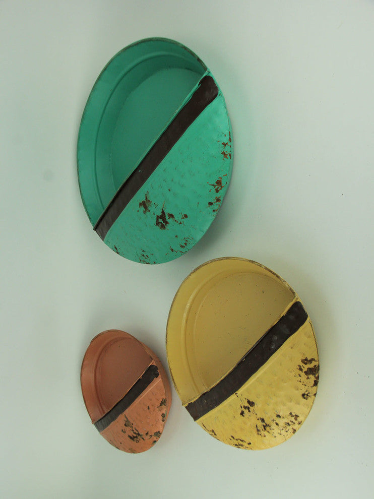 Green Yellow Orange Vintage Metal Round Wall Pockets Set of 3