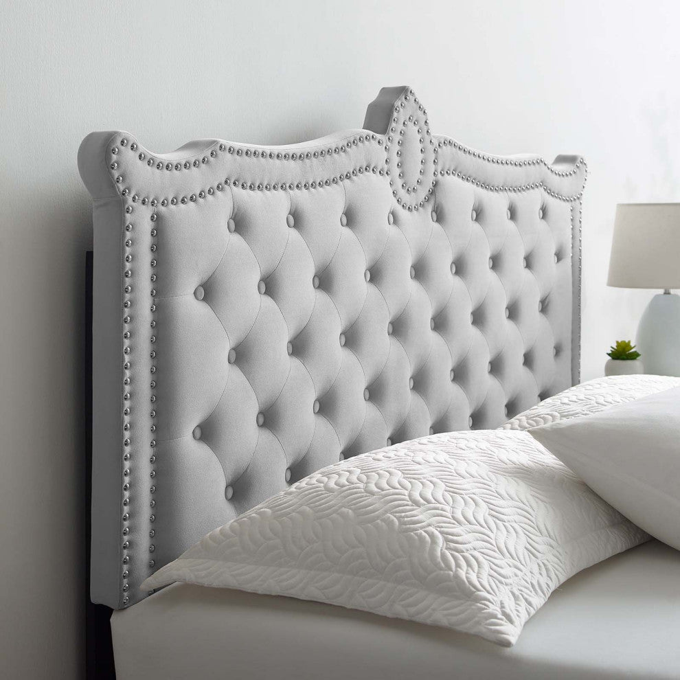 Platform Bed Frame, Nailhead, Queen Size, Gray, Velvet, Modern