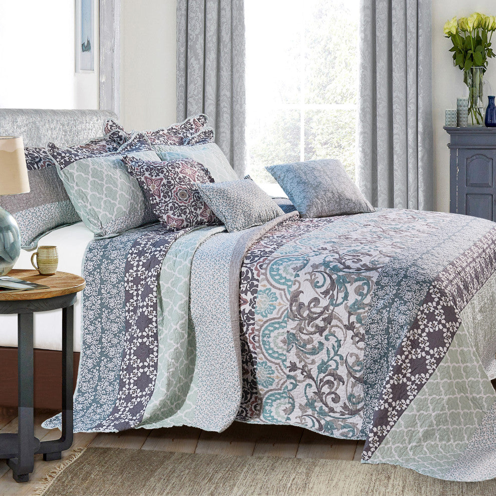 Royal Scroll 9-Piece Bedspread Set, Teal, Oversized King, 122"x106"