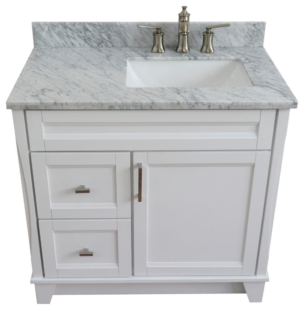37" Single Sink Vanity, White Finish Top With White Carrara Marble