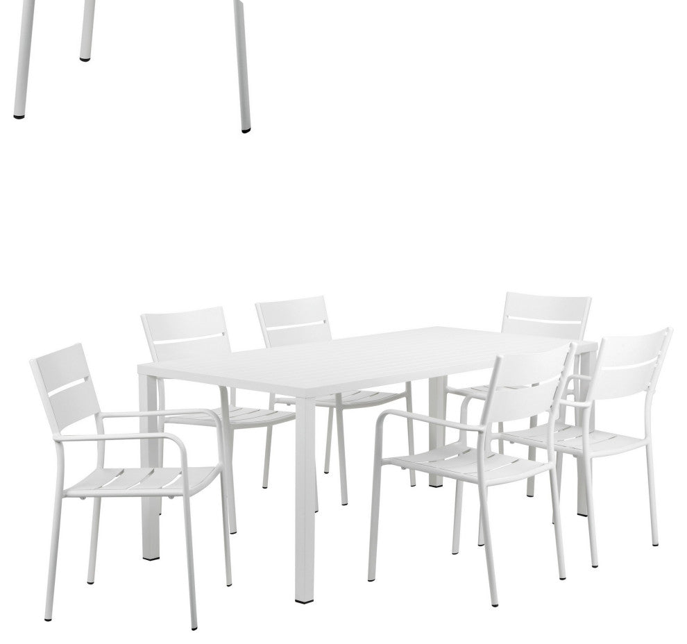Benzara BM287800 Outdoor Dining Table, Chairs Set, White, Plank Seat and Backs