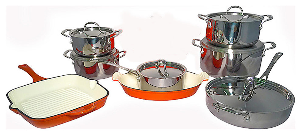 Le Chef 14-Piece Multi-Purpose Cookware Set, Orange and Silver.
