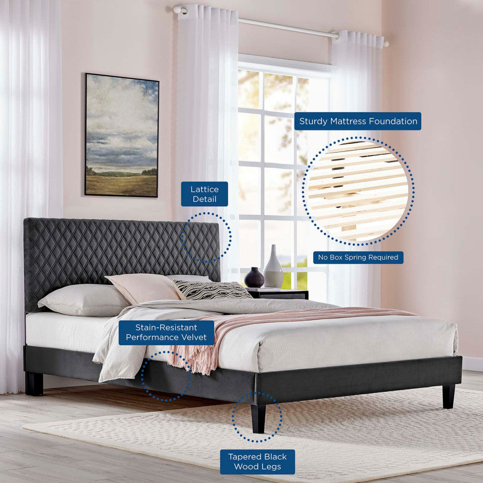 Platform Bed Frame, King Size, Charcoal Gray, Velvet, Modern, Guest Suite