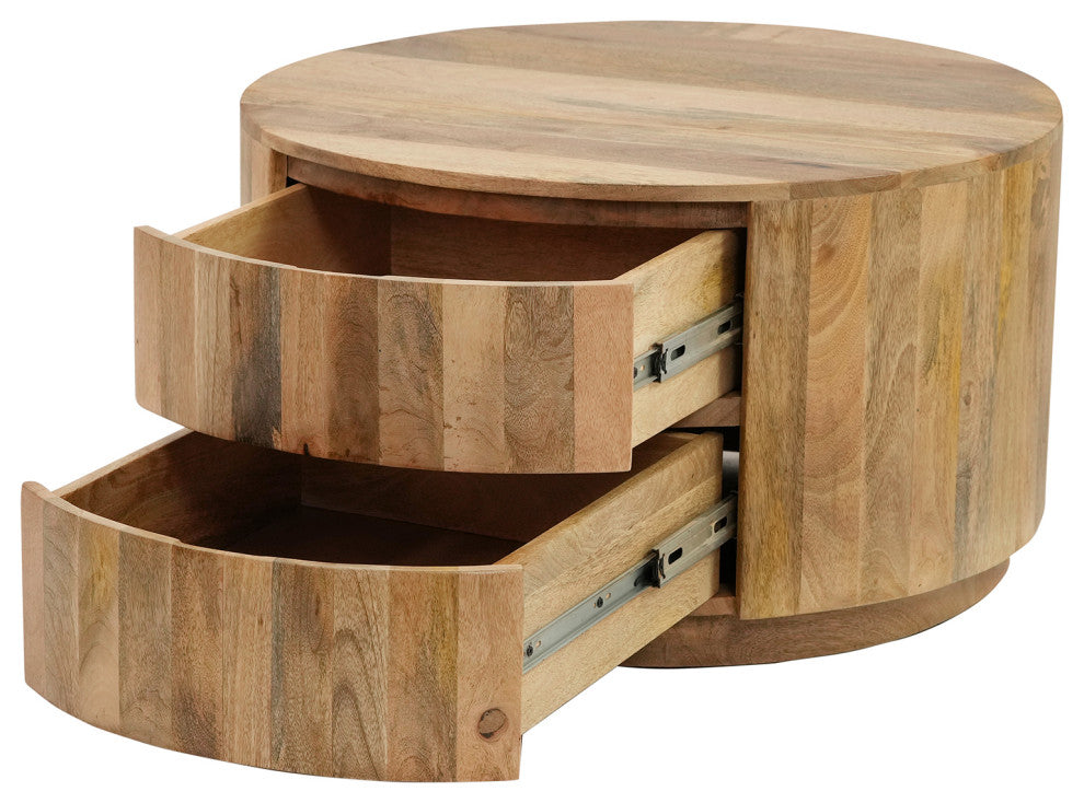 Christa 2-Drawer 30" Round Coffee Table, Natural Mango