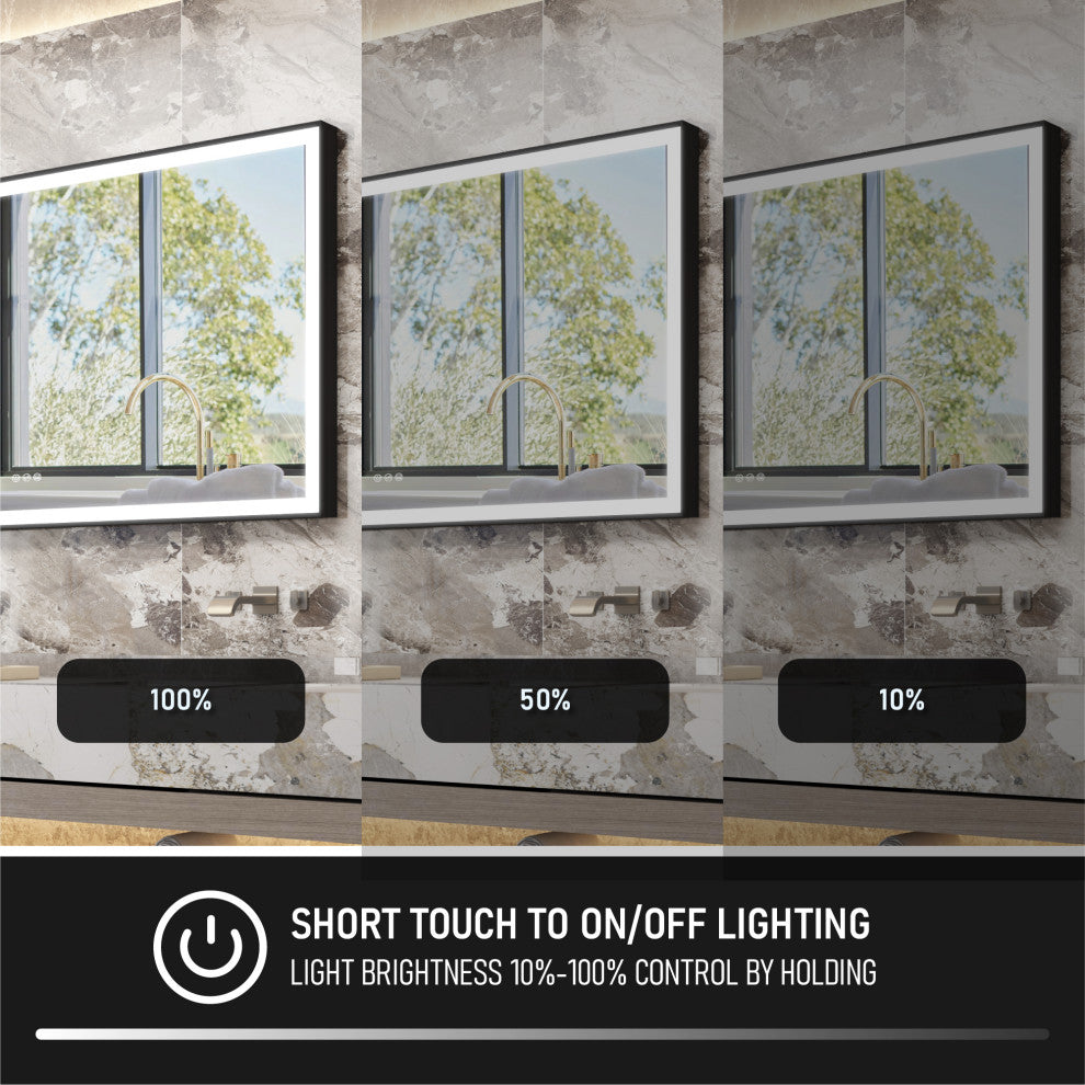 Framed LED Mirror, Dimmer, Defogger, Color Temperature, Matte Black, 72"x36"