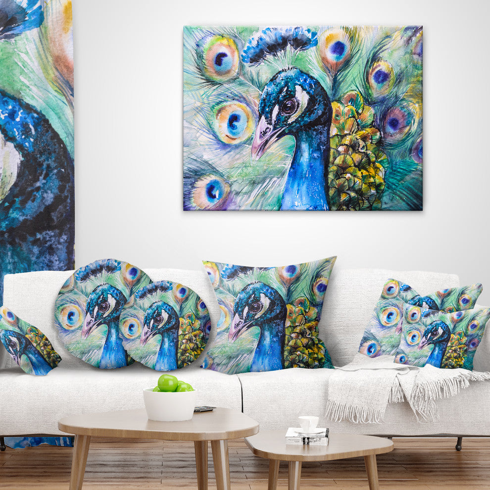 Beautiful Peacock Watercolor Abstract Throw Pillow, 16"x16"