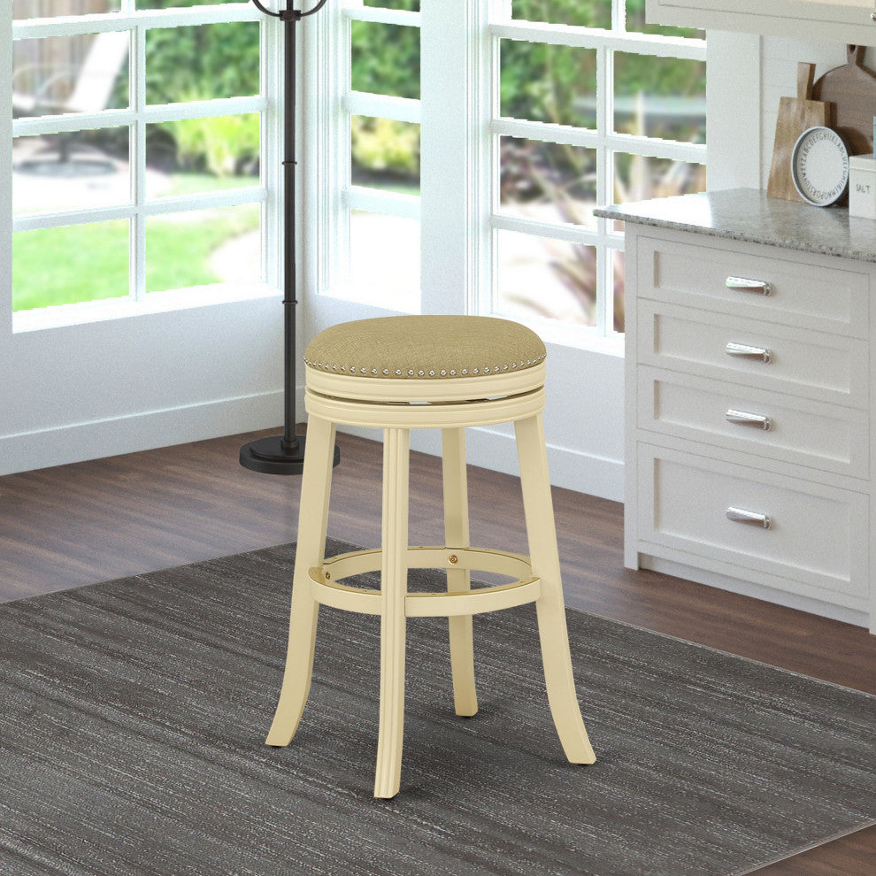 Swivel Backless Barstool 30'' Seat Height, Linen White Leg, F12-02 Pu Leather