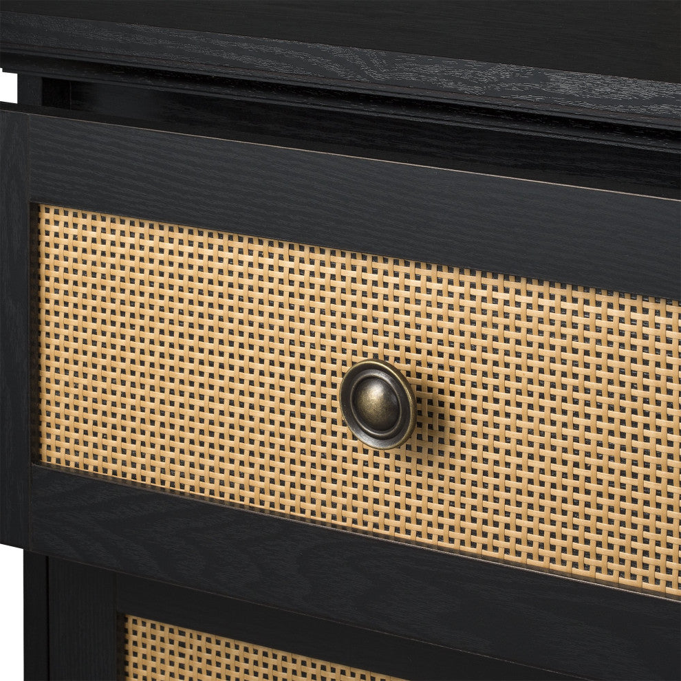 Transitional Coastal Nightstand, 2 Ample Drawers With Rattan Front, Black Finish