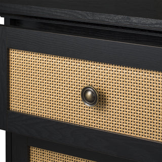 Transitional Coastal Nightstand, 2 Ample Drawers With Rattan Front, Black Finish