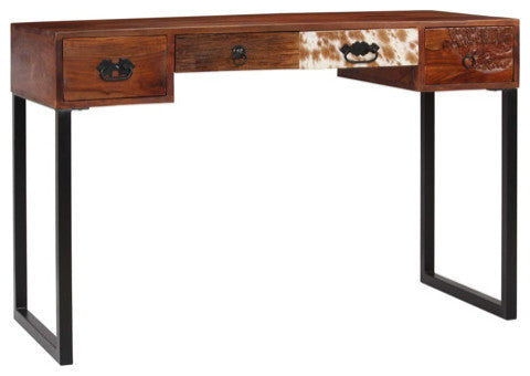 vidaXL Desk Home Office Computer Desk Solid Sheesham Wood and Real Leather