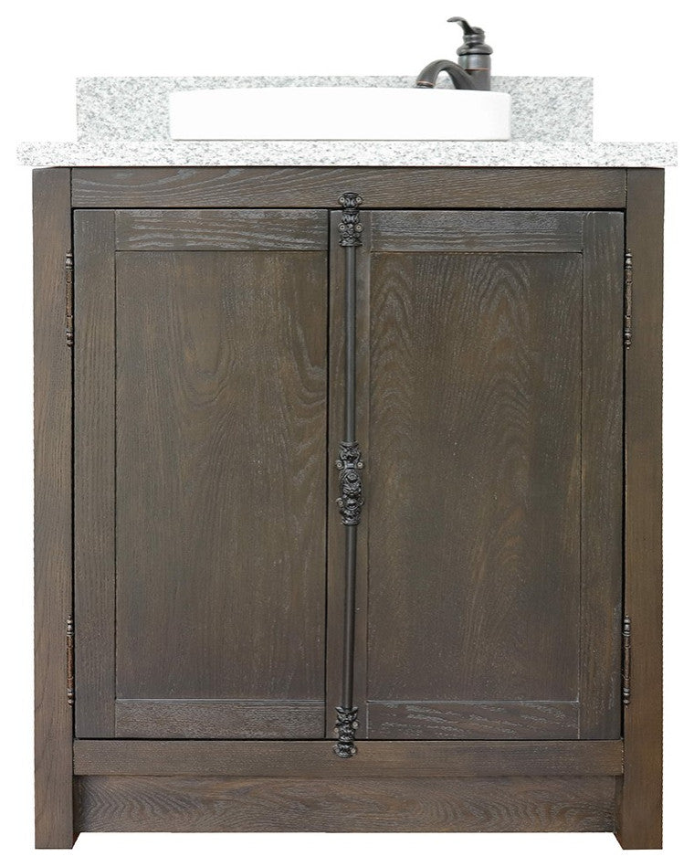 30" Single Vanity, Brown Ash, Gray Granite Top, Round Sink