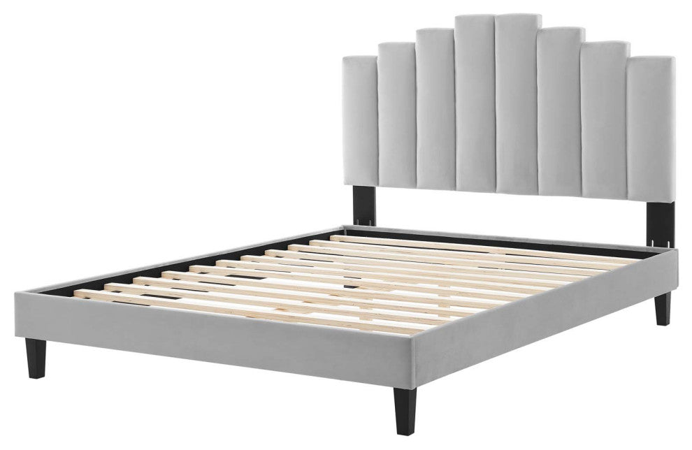Platform Bed Frame, King Size, Velvet, Light Gray, Modern Contemporary