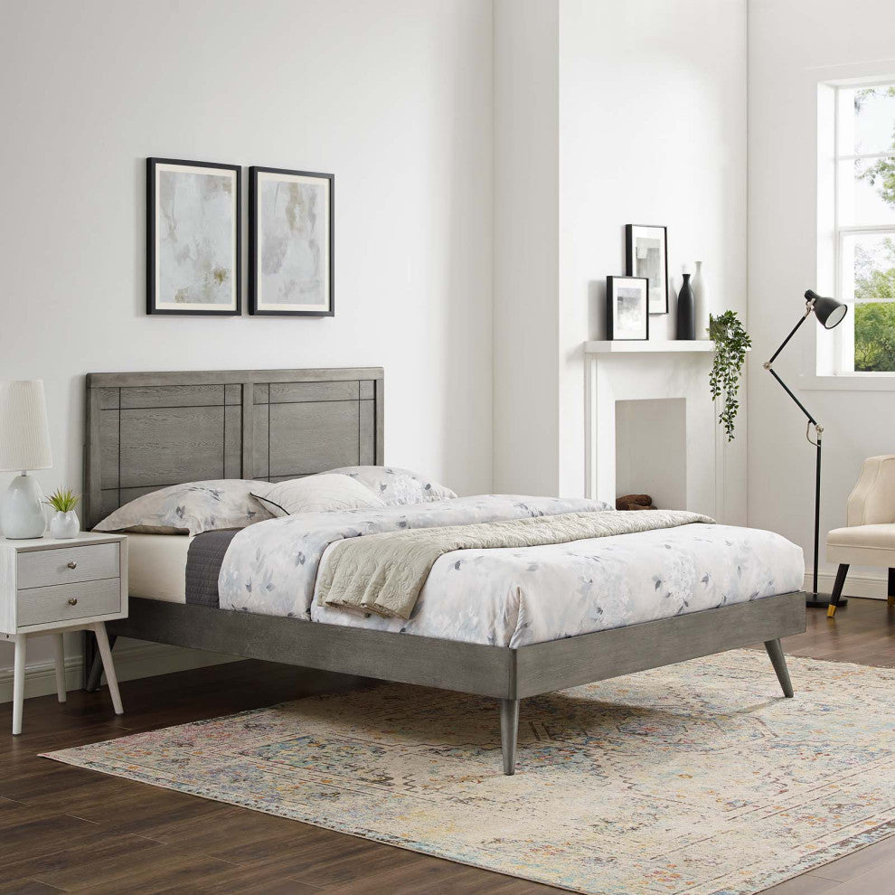Platform Bed Frame, King Size, Wood, Gray, Modern Mid-Century, Bedroom