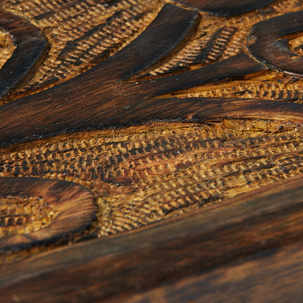Boho Decorative Wood Tray with Carved Floral Design, Natural