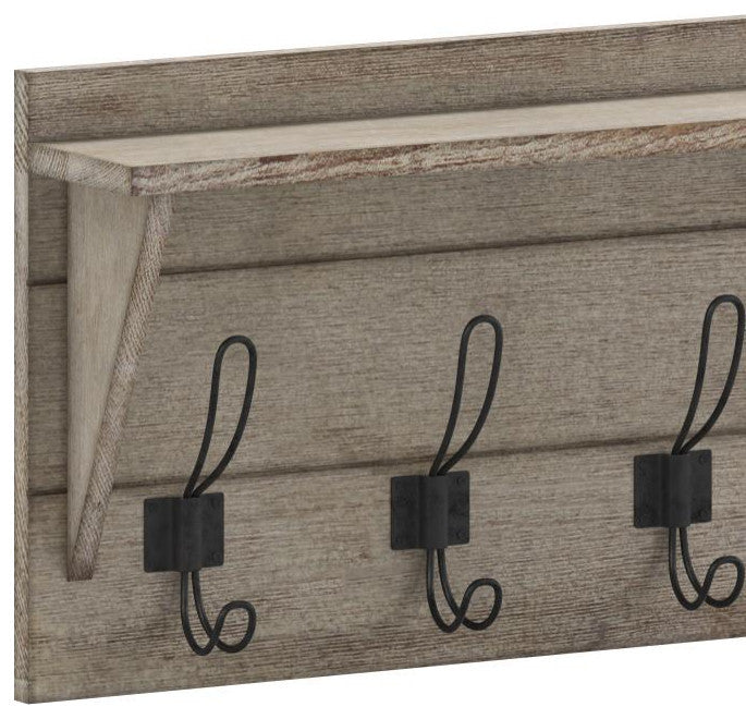 Daly Wall Mounted Solid Pine Wood Storage Rack With Upper Shelf and 5 Hooks, Rustic Brown