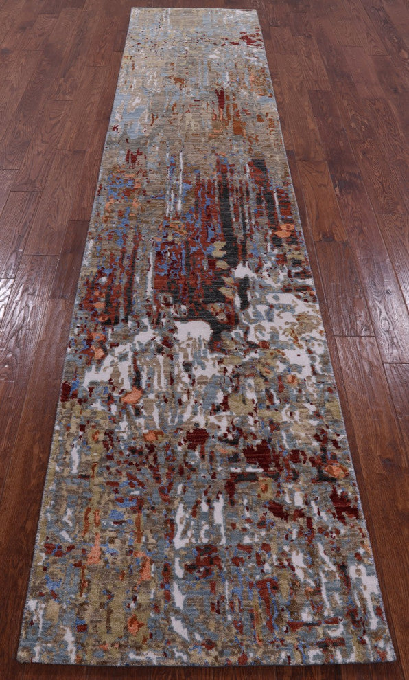 2' 7" X 12' 0" Abstract Wool and Silk Hand Knotted Runner Rug Q6864