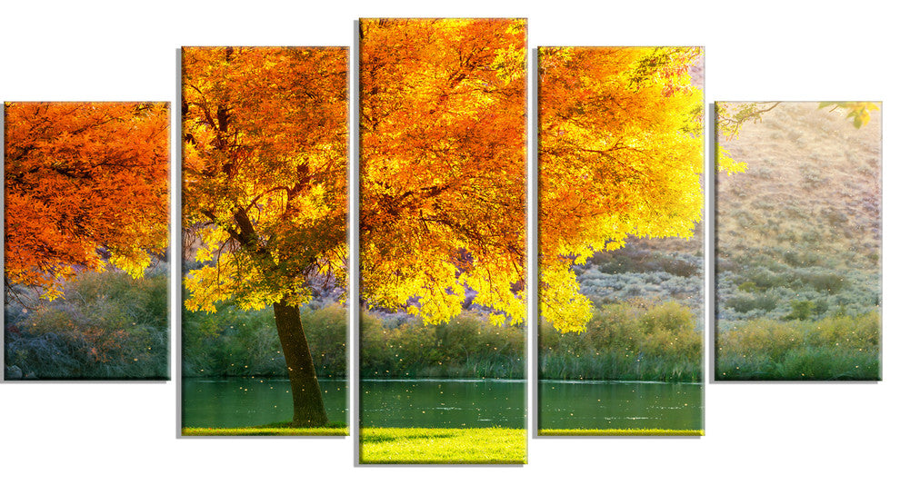 Beautiful Autumn Season in Forest, Landscape Canvas Art, 60"x32", 5 Panels