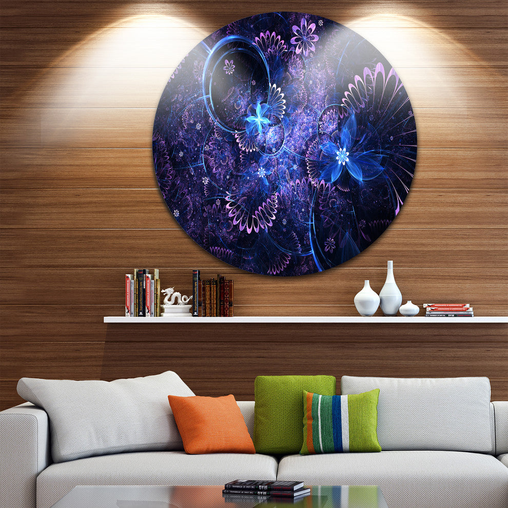 Dark Blue And Pink Fractal Flowers, Floral Disc Metal Artwork, 11"