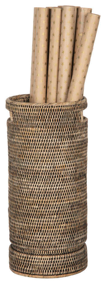 La Jolla Round Rattan Umbrella Stand With Water Catch, Black-Wash