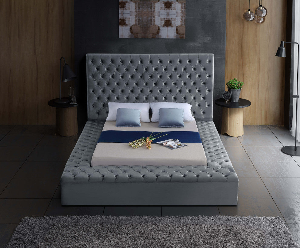 Bliss Velvet Upholstered  Bed, Gray, Full