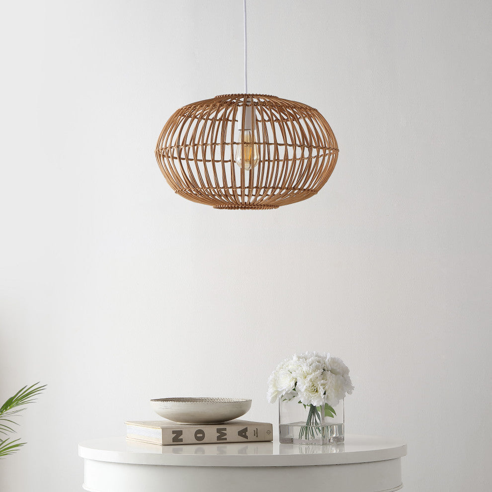 Nova 20.25" 1-Light Rattan 180" Plug-In or Hardwired LED Pendant, Brown, Leo