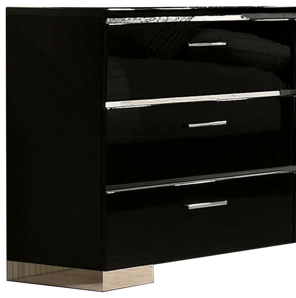 63 Inches 6 Drawer Dresser with Metal Legs, Black and Chrome