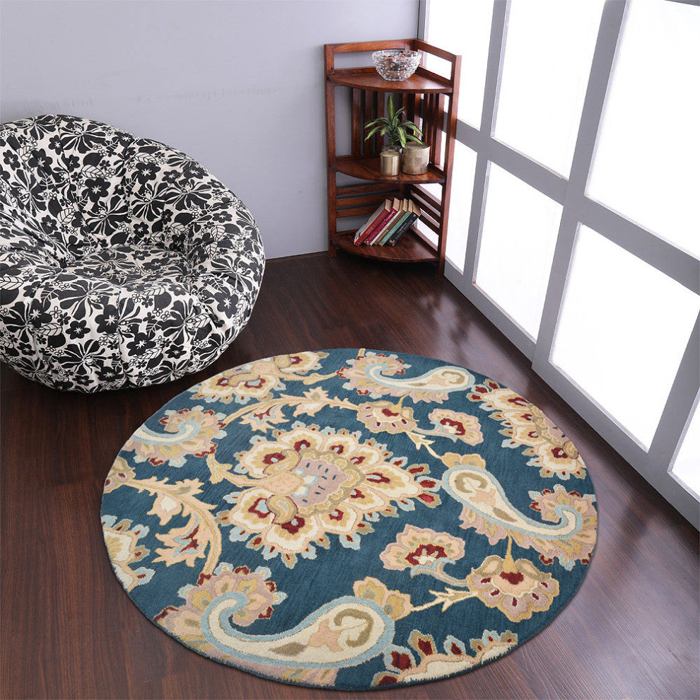 HAND TUFTED WOOL ECO-FRIENDLY AREA RUGS-Dark Blue Color, Floral Design