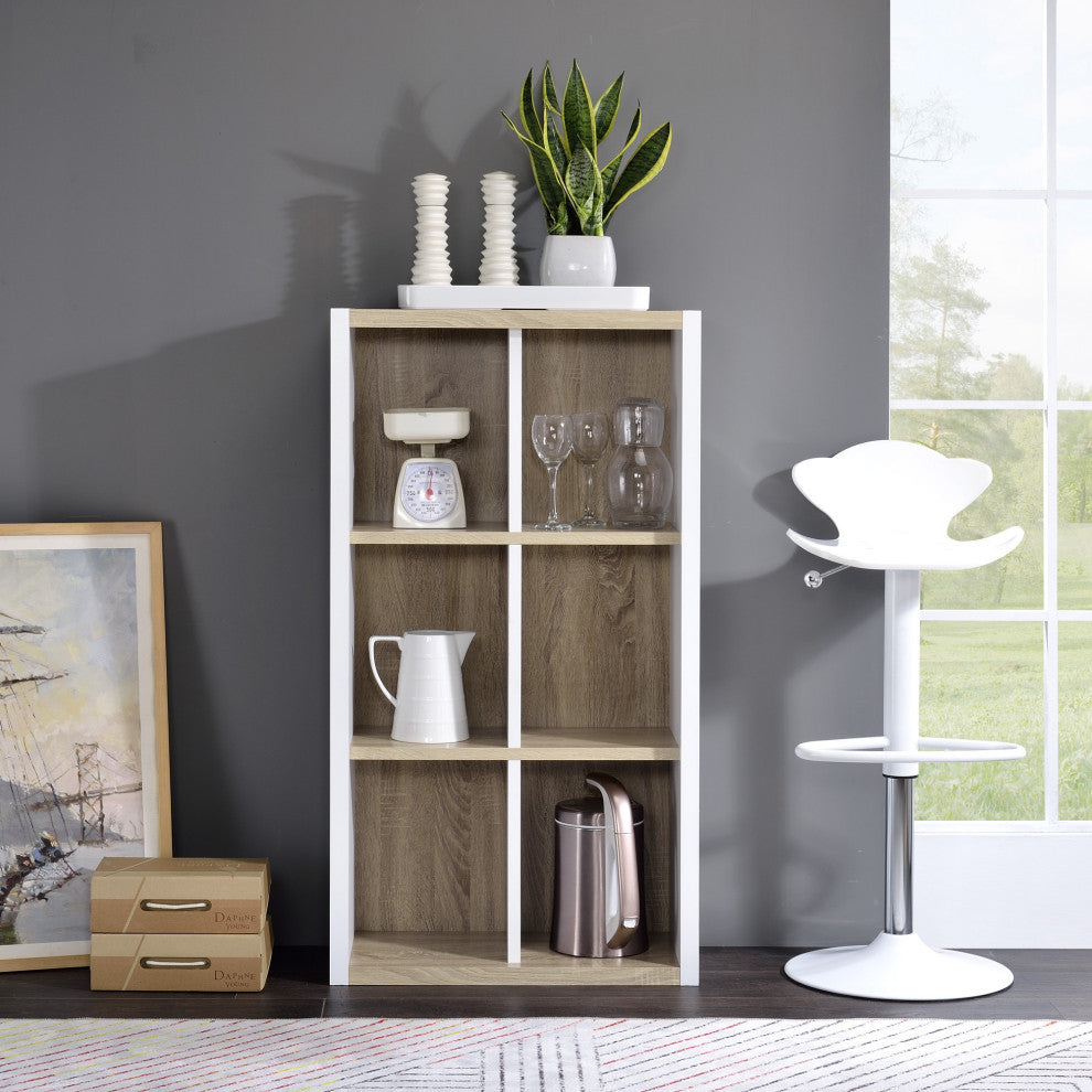 Versatile Six Shelf White and Natural Cubby Bookshelf