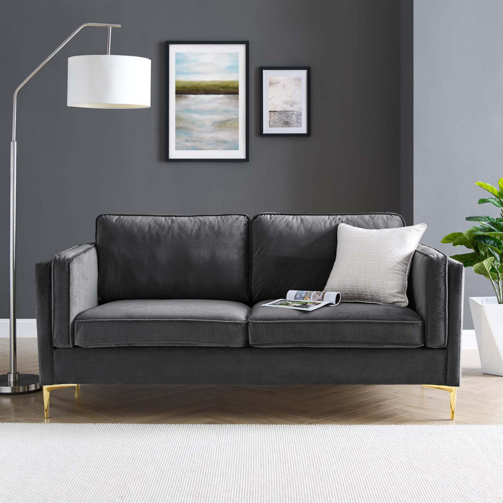 Sofa, Velvet, Dark Gray, Modern, Living Lounge Room Hotel Lobby Hospitality