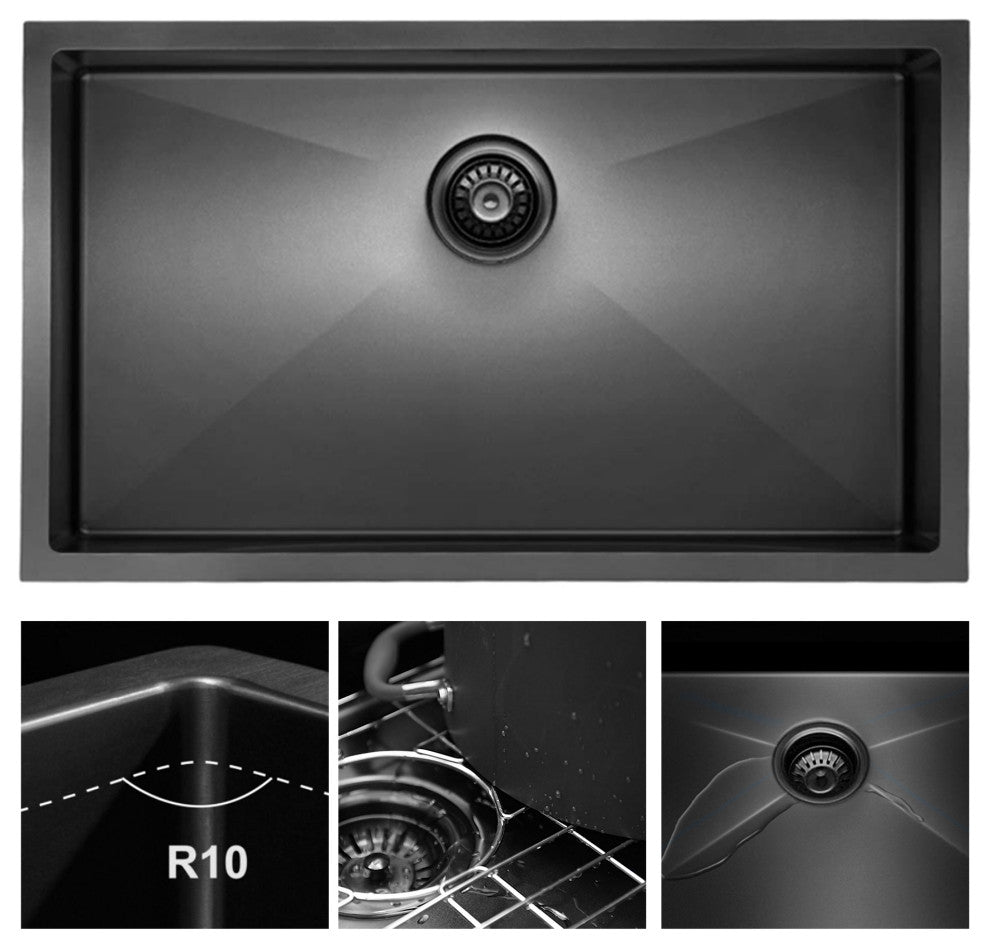Undermount Single Bowl Stainless Steel Kitchen Sink, Gunmetal Black, 33 X 21