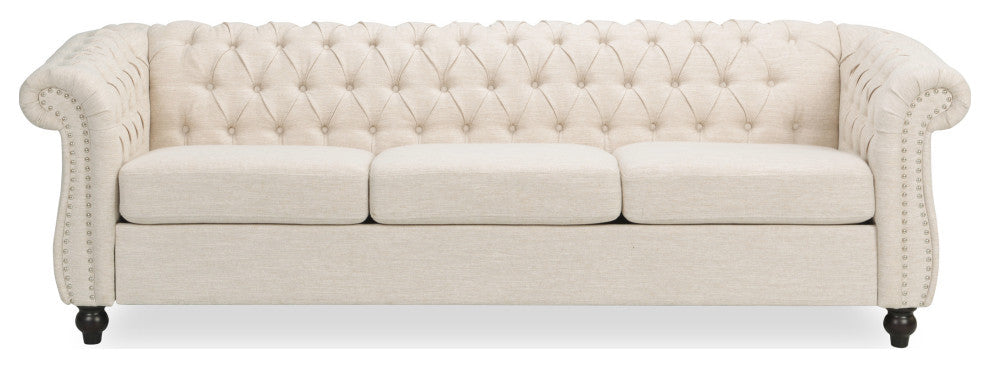 Adetokunbo Tufted Chesterfield Fabric 3 Seater Sofa, Beige/Dark Brown