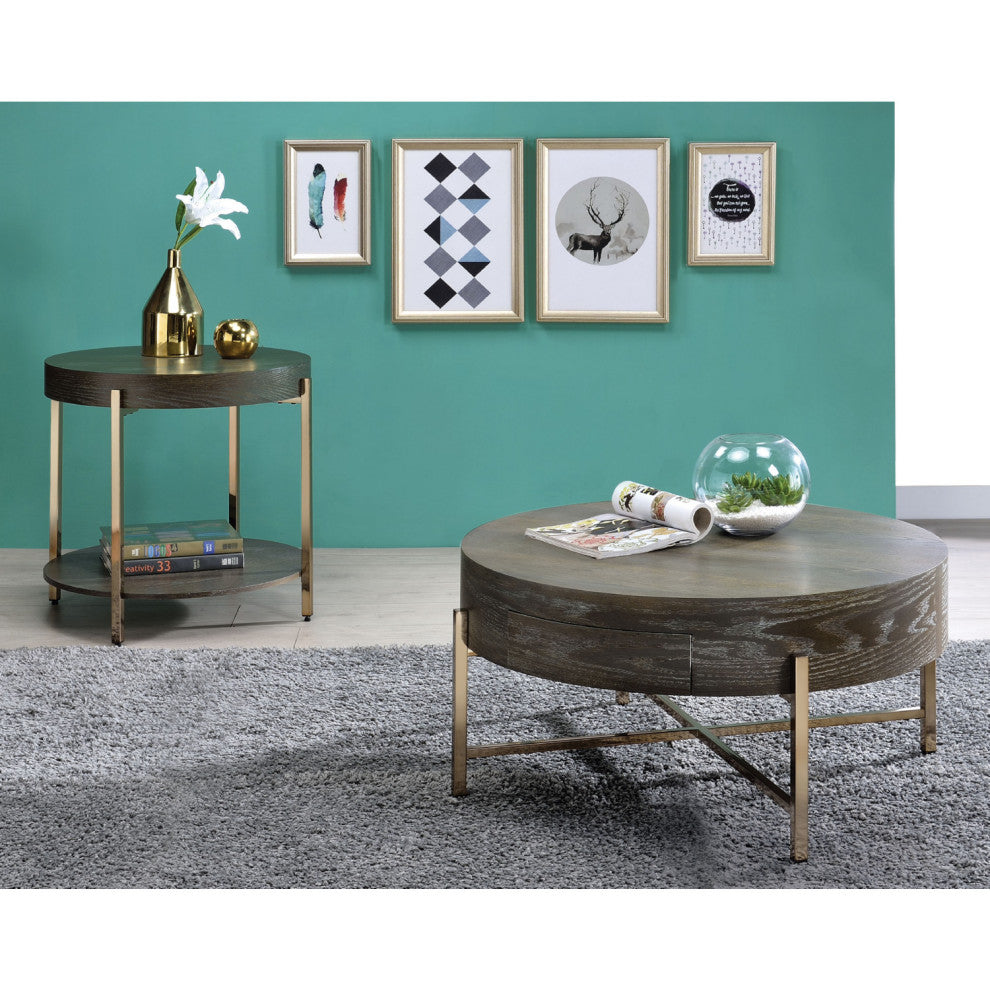 Metal Frame Coffee Table, Dark Oak and Champagne Finish
