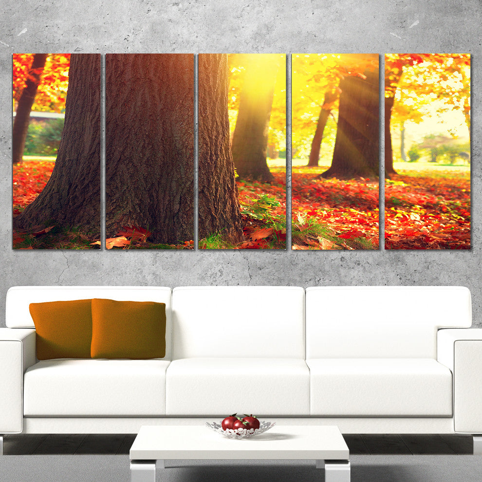 Autumn Trees in the Sunlight, Large Landscape Canvas Art, 60"x28", 5 Panels