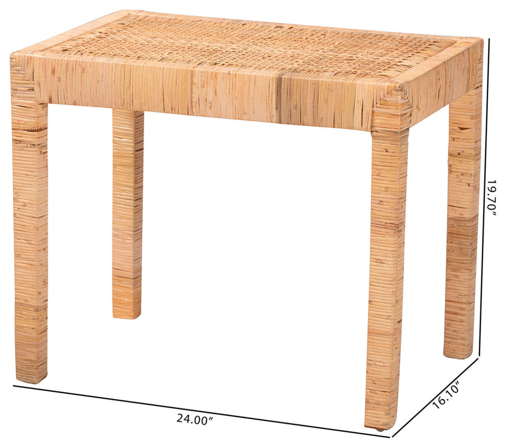 Abelia Modern Bohemian Natural Rattan and Mahogany Wood Short Accent Bench
