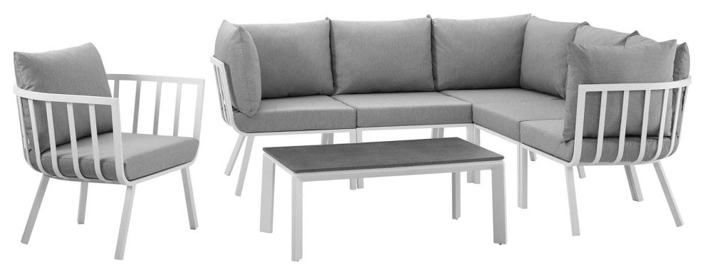 Lounge Sectional Sofa Chair Set, Aluminum, Metal, White Gray, Outdoor