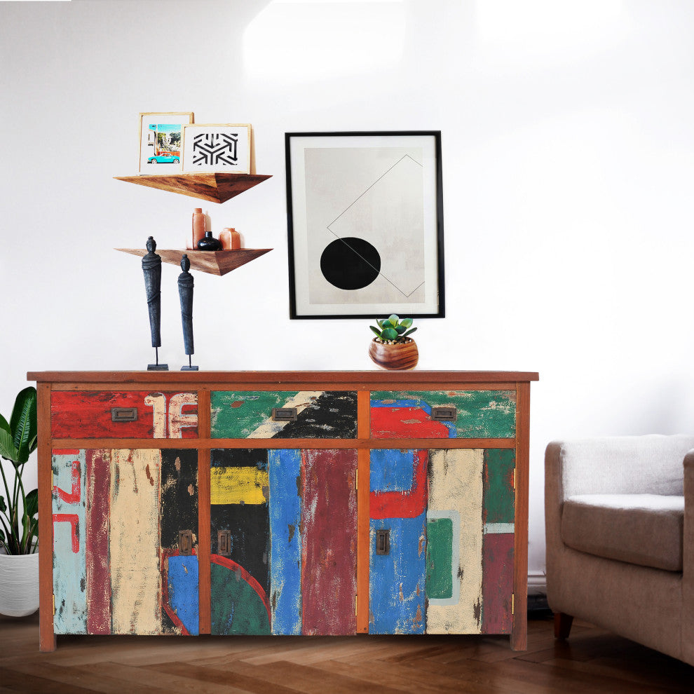 Buffet with 3 Doors and 3 Drawers Made from Recycled Teak Wood Boats, 63" Wide