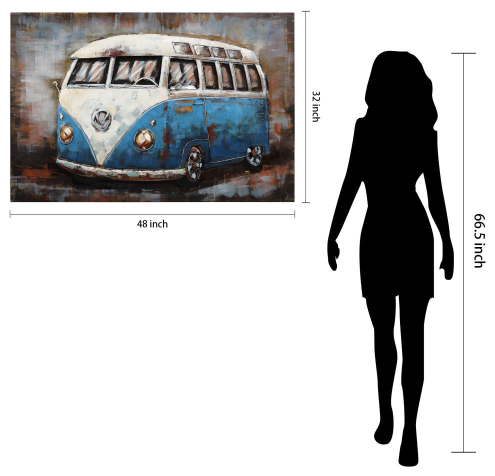 "Blue Bus" Wall Art Mixed Media Iron Hand Painted Dimensional Wall Sculpture