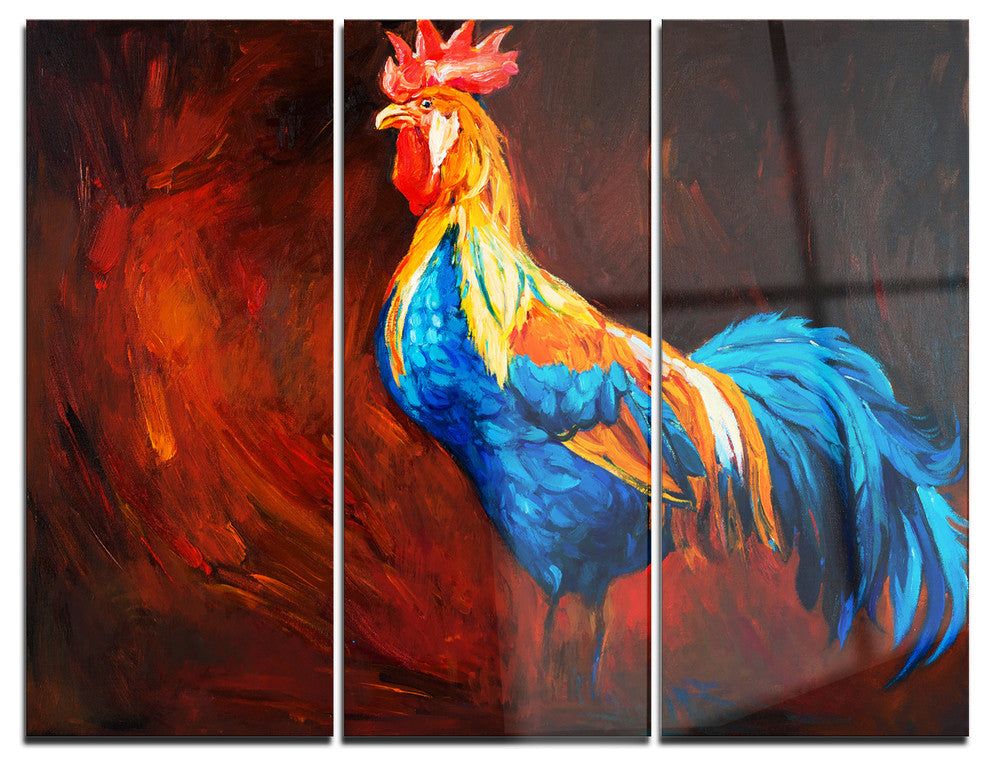 "Blue and Orange Rooster" Glossy Metal Wall Art, 3 Panels, 36"x28"