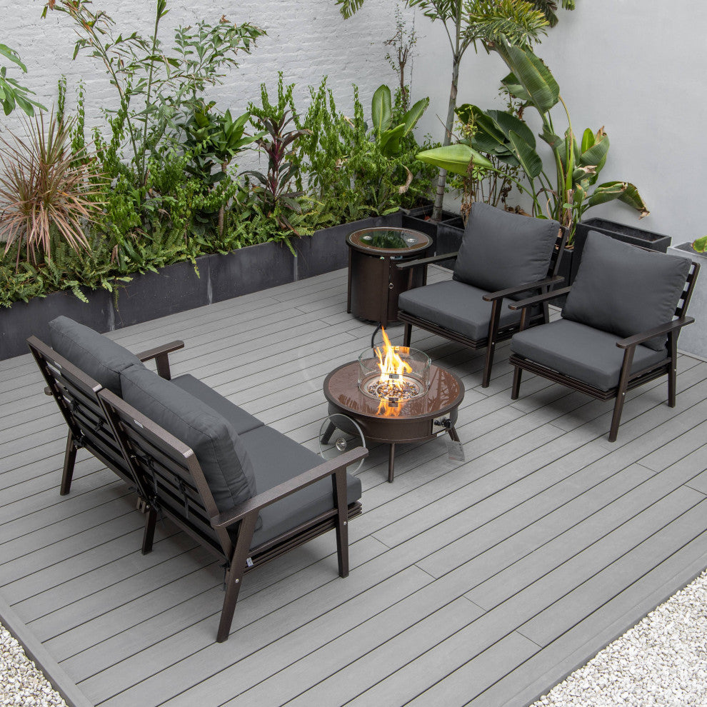 LeisureMod Walbrooke Brown Patio Sofa Set With Round Fire Pit Table, Charcoal