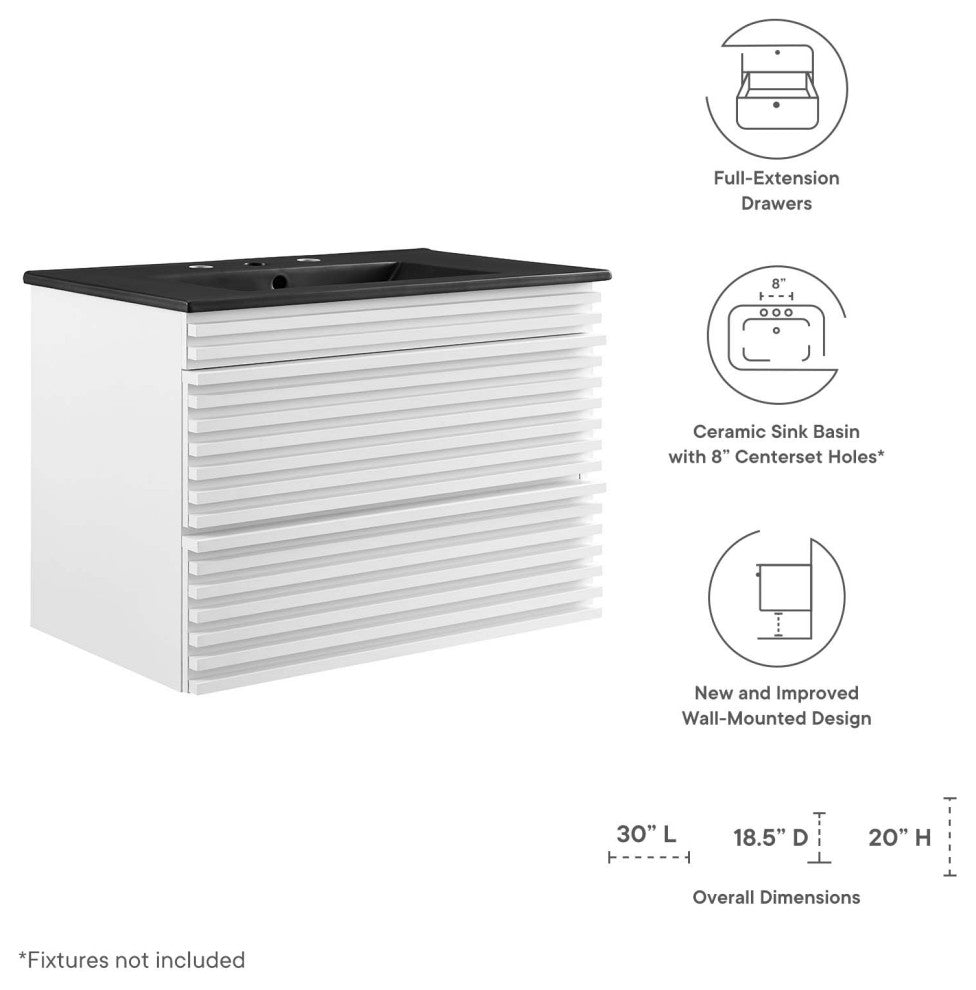 Render 30" Wall-Mount Bathroom Vanity, White Black