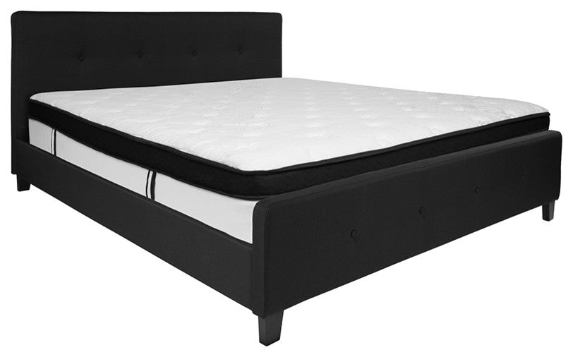 King Size Tufted Upholstered Platform Bed Black Fabric with Memory Foam Mattress